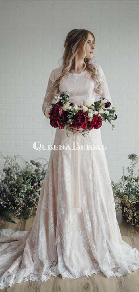 Long Sleeve Lace Wedding Dresses Plus Size Vintage Rustic Wedding Dresses, QB0325