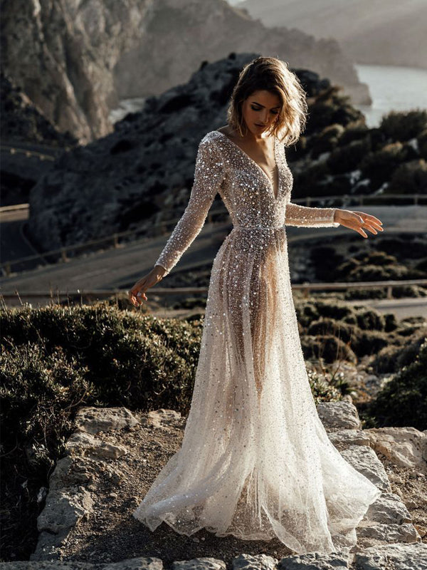 V-neck Long Sleeve Sequin A-line Cheap Beach Wedding Dres – QueenaBridal