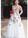 2020 V Neck White Embroidery Long Cheap  Evening Prom Dresses, QB0411