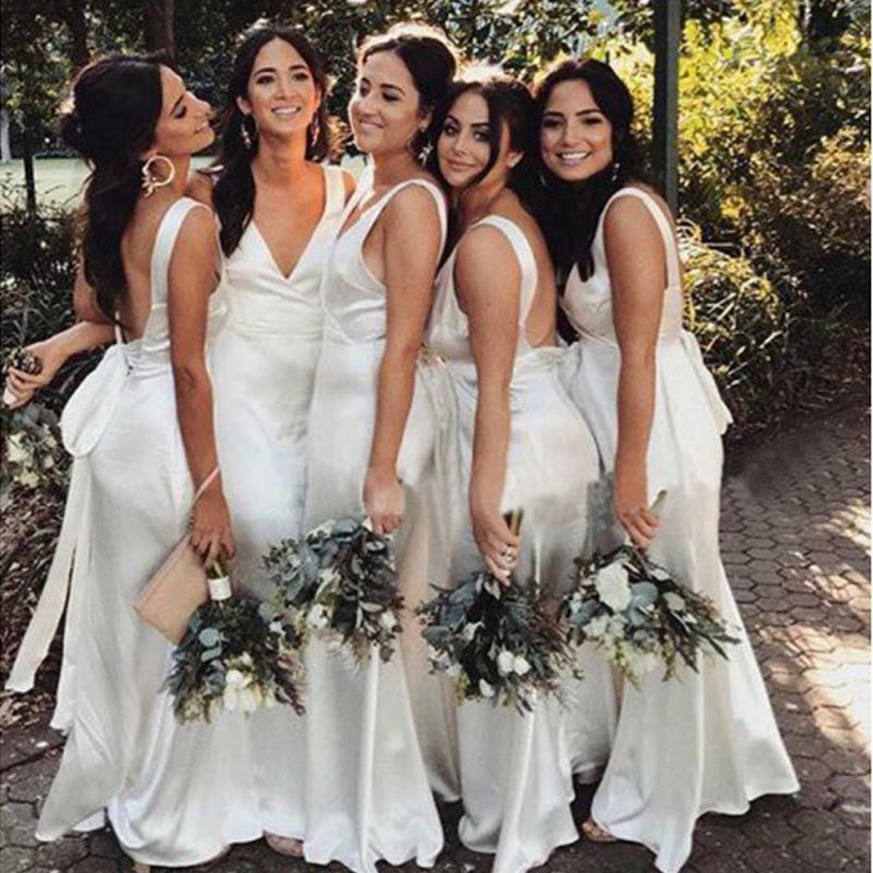 Charming Mermaid White V-neck Split Backless Bridesmaid Dresses, QB064
