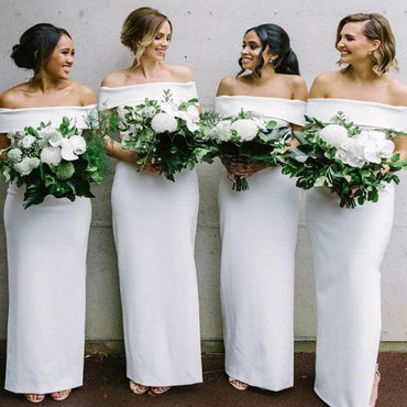 Tight Off-Shoulder Asymmetrical White Satin Bridesmaid Dresses Online, QB0210