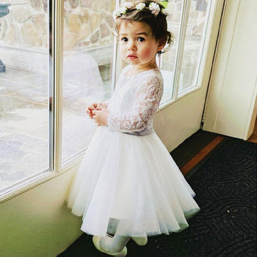 Cute A-Line Open Back Long Sleeves Tulle Long Cheap Flower Girl Dresses with Bow Knot, QB0100