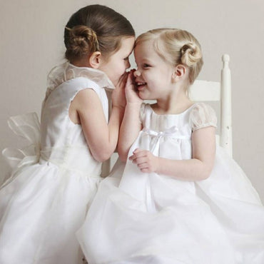 Cute A-Line Round Neck White Tulle Long Cheap Flower Girl Dresses with Bow, QB0096