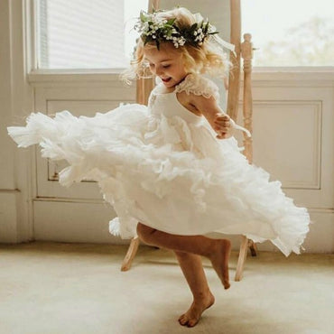 Lovely Round Neck Cap Sleeves White Cheap Flower Girl Dresses with Ruffles, QB0086