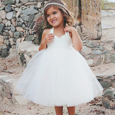 Lovely Ball Gown Halter Backless White Long Cheap Tulle Flower Girl Dresses, QB0094