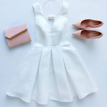 Simple A-Line V-Neck Zipper Back  Short Cheap White Satin Homecoming Dresses, QB0065