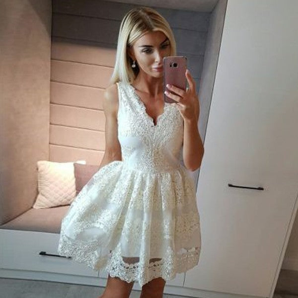 A-Line V-Neck Short Cheap White Homecoming Dresses with Appliques, QB0058