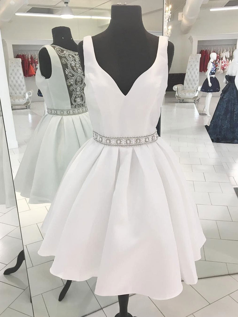 Sexy See Through V Neck Short Rhinestone White Homecoming Dresses 2018, CM486