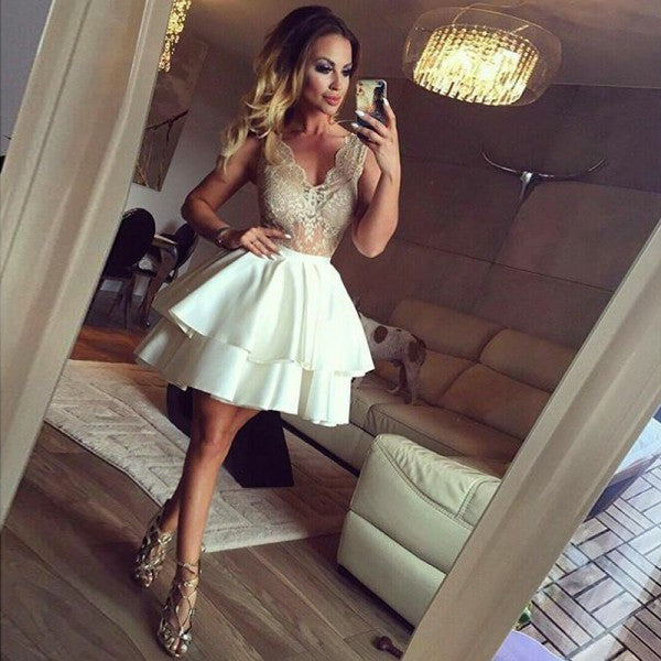 A-Line V-Neck White Short Cheap Homecoming Dresses with Lace Applique, QueenaBridal A-Line V-Neck White Short Cheap Homecoming Dresses with Lace Applique, QueenaBridal