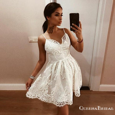 Sexy Spaghetti Strap Backless White Homecoming Dresses with Appliques, QB0060
