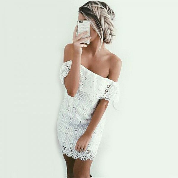 Tight Off-Shoulder White Lace Short Cheap Homecoming Dresses, QB0180