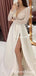 Sexy Deep V-neck Long Sleeves White Satin Side Slit A-line Long Cheap Formal Evening Prom Dresses, QB0971