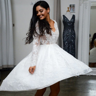 A-Line V-Neck Open Back Long Sleeves White Lace Bridesmaid Dresses Online, QB0040