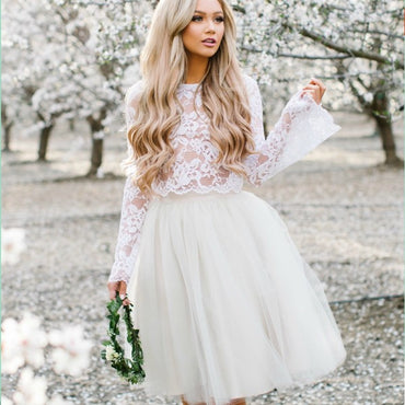 Two Piece Round Neck Short Cheap White Tulle Homecoming Dresses with Lace, QB0052