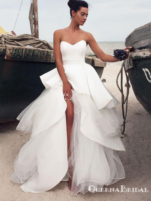 Modest A-Line Sweetheart Tiered White Satin Wedding Dresses, QB0818 QueenaBridal Modest A-Line Sweetheart Tiered White Satin Wedding Dresses, QB0818 QueenaBridal