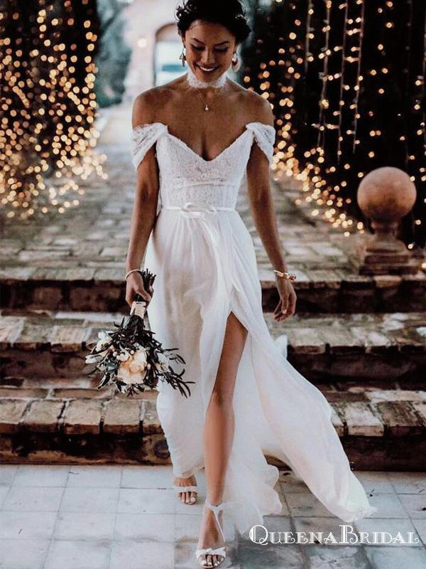 Simple Off Shoulder Long Cheap Side Slit Wedding Dresses With Applique – QueenaBridal Simple Off Shoulder Long Cheap Side Slit Wedding Dresses With Applique – QueenaBridal