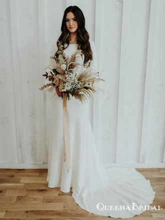 Long Sleeves Scoop Charming Elegant Ivory Satin Long Cheap Mermaid Wedding Dresses, QB0934