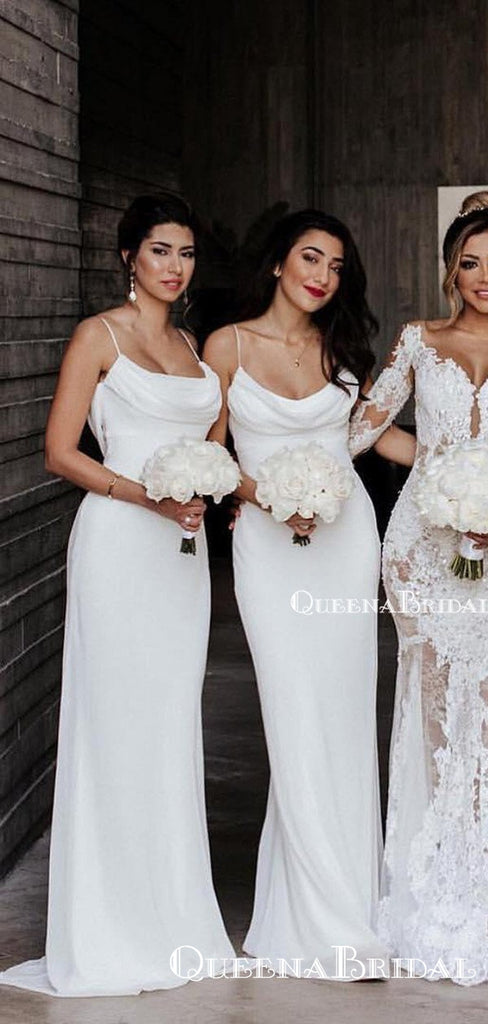 Charming Spaghetti Strap Off-White Chiffon Mermaid Long Cheap Bridesma – QueenaBridal Charming Spaghetti Strap Off-White Chiffon Mermaid Long Cheap Bridesma – QueenaBridal