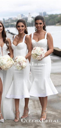 Square White Mermaid Tea-Length Cheap Bridesmaid Dresses, BDS0092