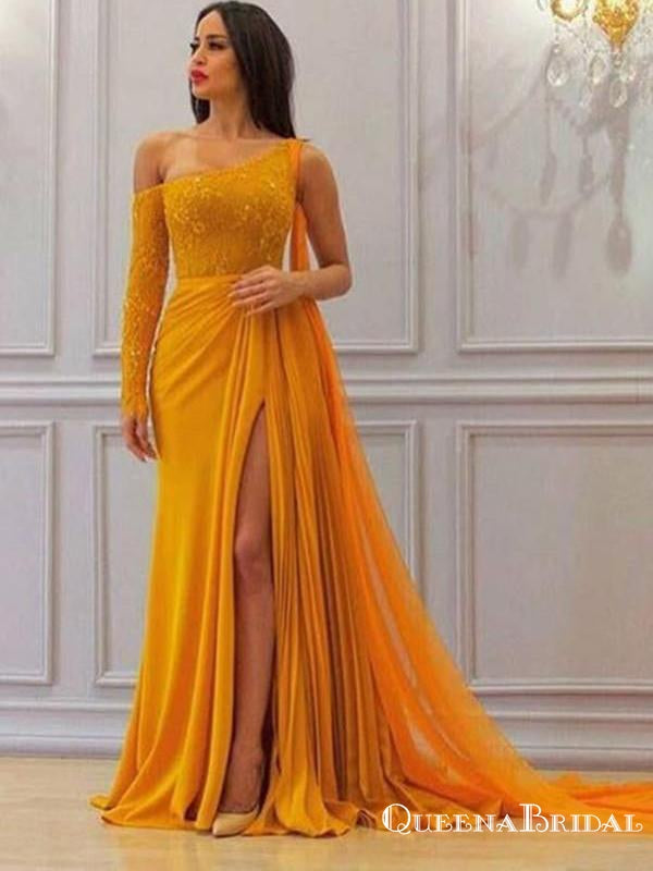 Newest Charming Bright Yellow One Shoulder Long Sleeve Long Cheap Chif QueenaBridal Newest Charming Bright Yellow One Shoulder Long Sleeve Long Cheap Chif QueenaBridal