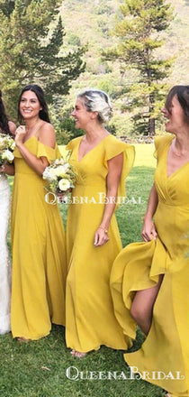 Mismatched Charming Yellow Chiffon A-line Long Cheap Bridesmaid Dresses Online, BDS0075
