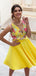 Yellow V-neck Satin A-line Short Cheap Party Homecoming Dresses, HDS0032