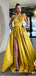 Simple Charming One Shoulder Yellow Satin Side Slit A-line Long Cheap Prom Dresses, PDS0072