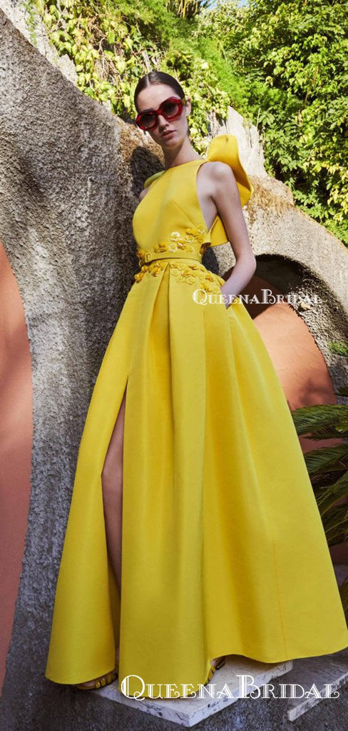 Unique Design Yellow Satin Sexy Backless A-line Long Cheap Prom Dresses, PDS0074